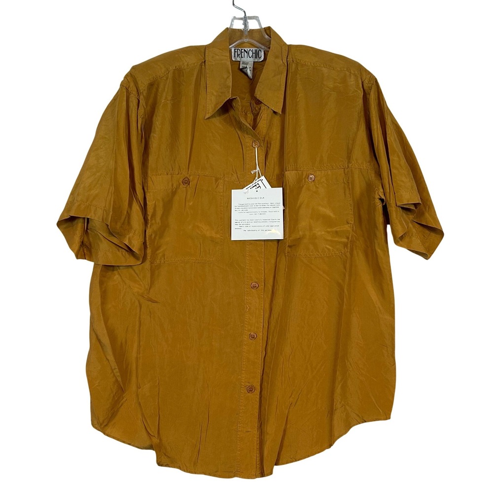 NWT VTG Women Mustard Yellow Washable Silk Short Slv. Button Up Shirt Frenchic L